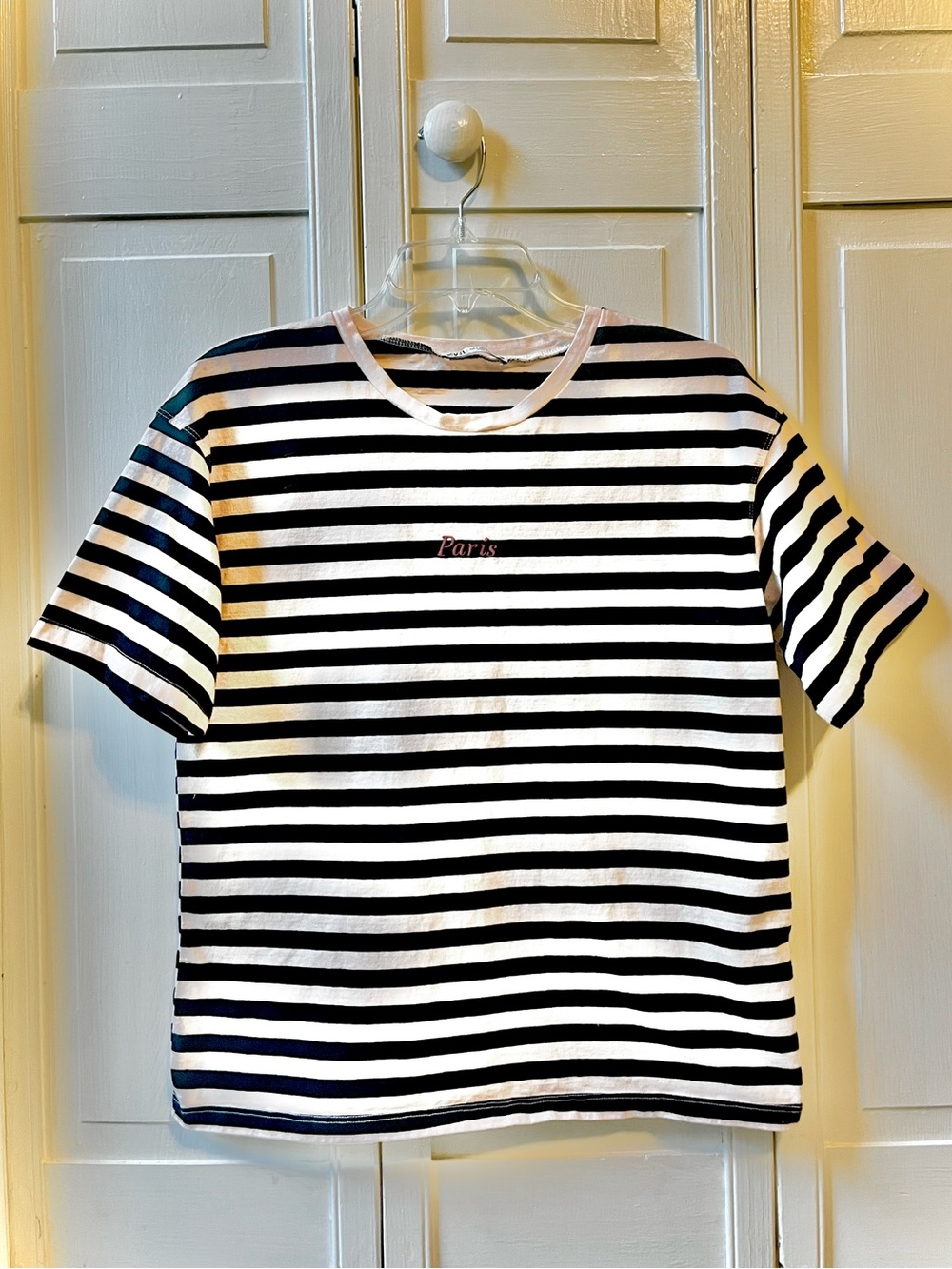 ZARA Black & White Striped “Paris” T-Shirt, Women’s Size S, Embroidered Logo